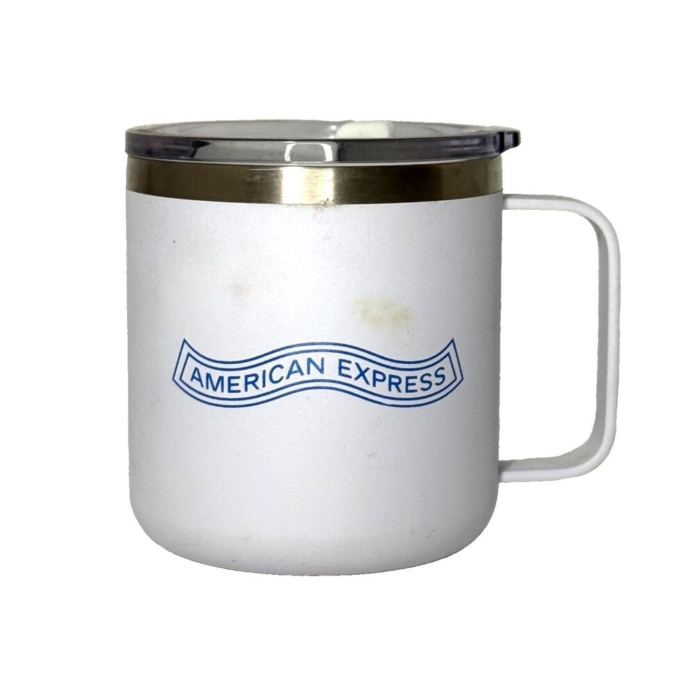 American Express White Insulated Travel Coffee Mug Cup w Lid 12oz